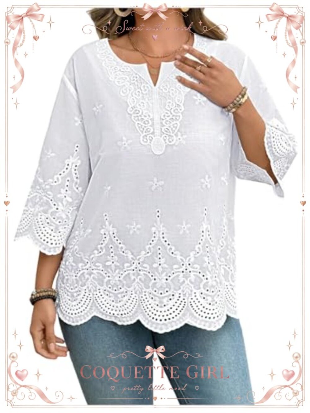 Plus Size Eyelet Embroidered Blouse 3/4 Sleeve Notch Neck Casual Shirt